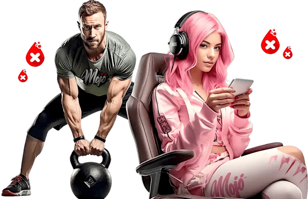 Man die een kettlebell tilt naast een gamergirl in een Mojo trainingspak