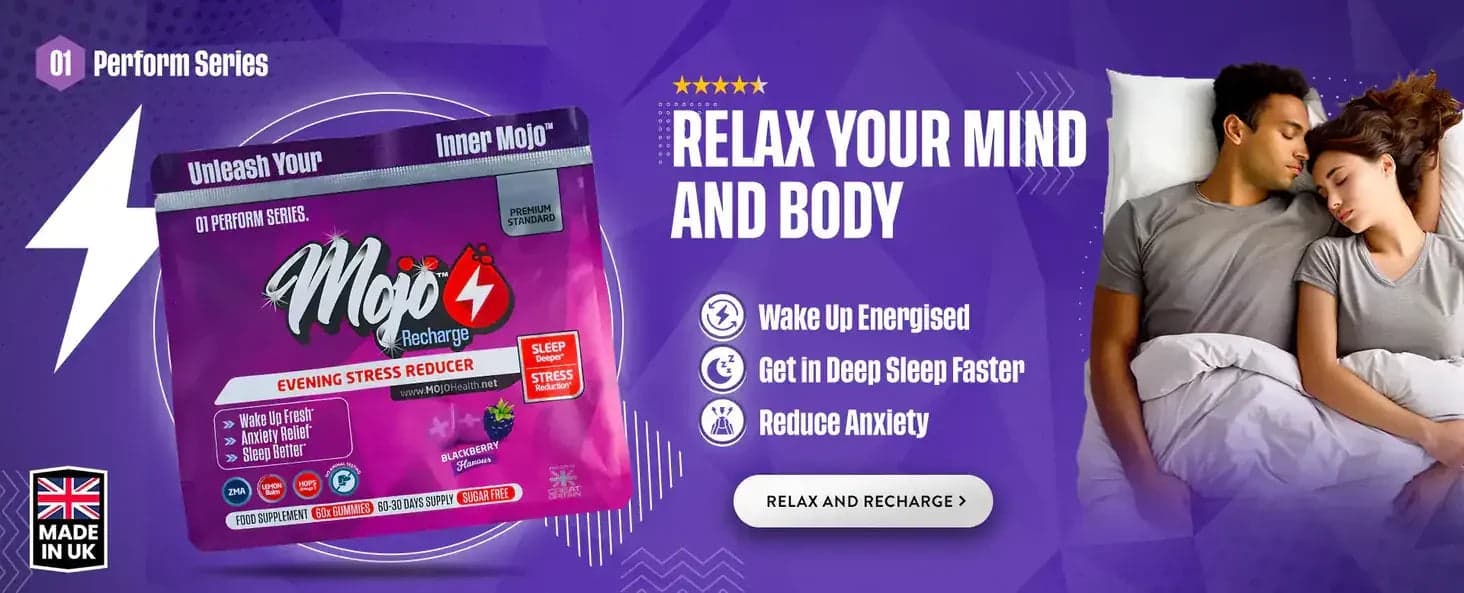 Mojo Recharge avondstress reducer — ontspan je geest en lichaam: word uitgerust wakker, val sneller in diepe slaap, verminder angst. Ontspan en herlaad.