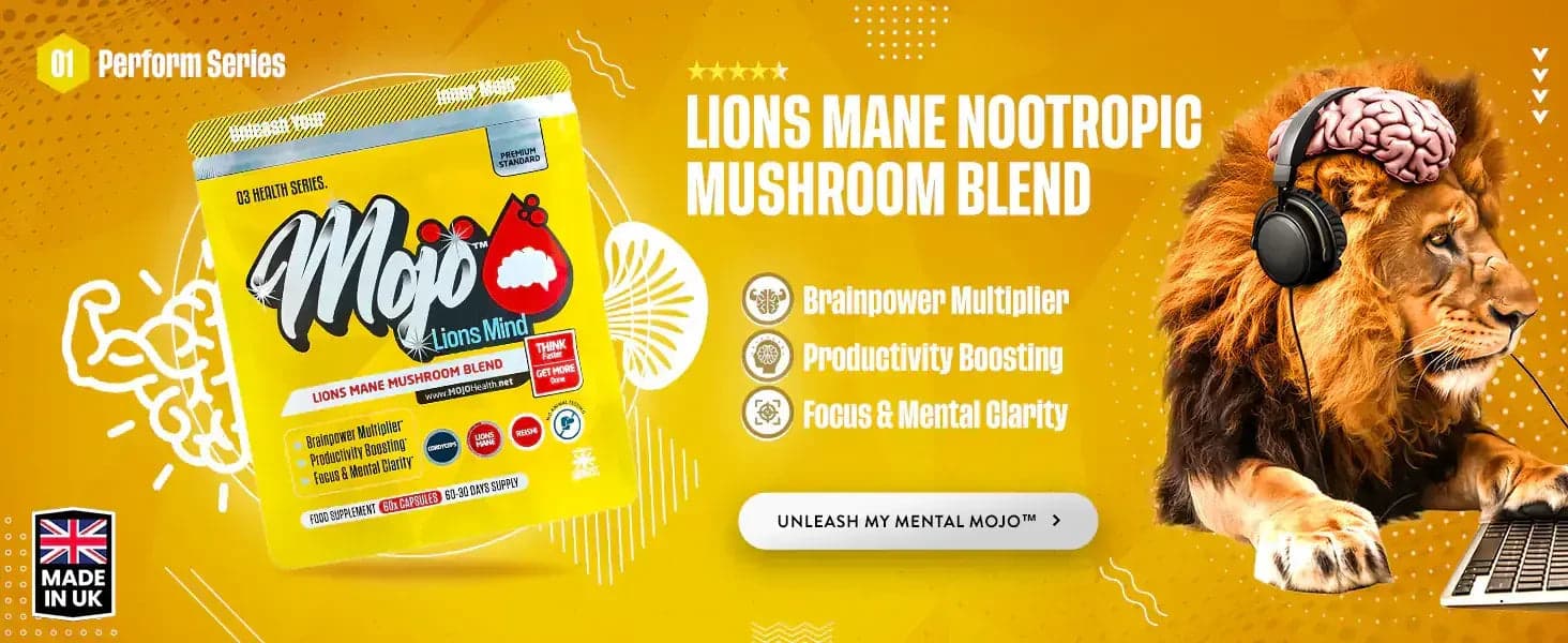 Mojo Lions Mind — leeuwenmanen nootrope paddenstoelenmix: hersenenkracht vermenigvuldiger, productiviteit verhogend, focus en mentale helderheid. Ontket mijn mentale Mojo.