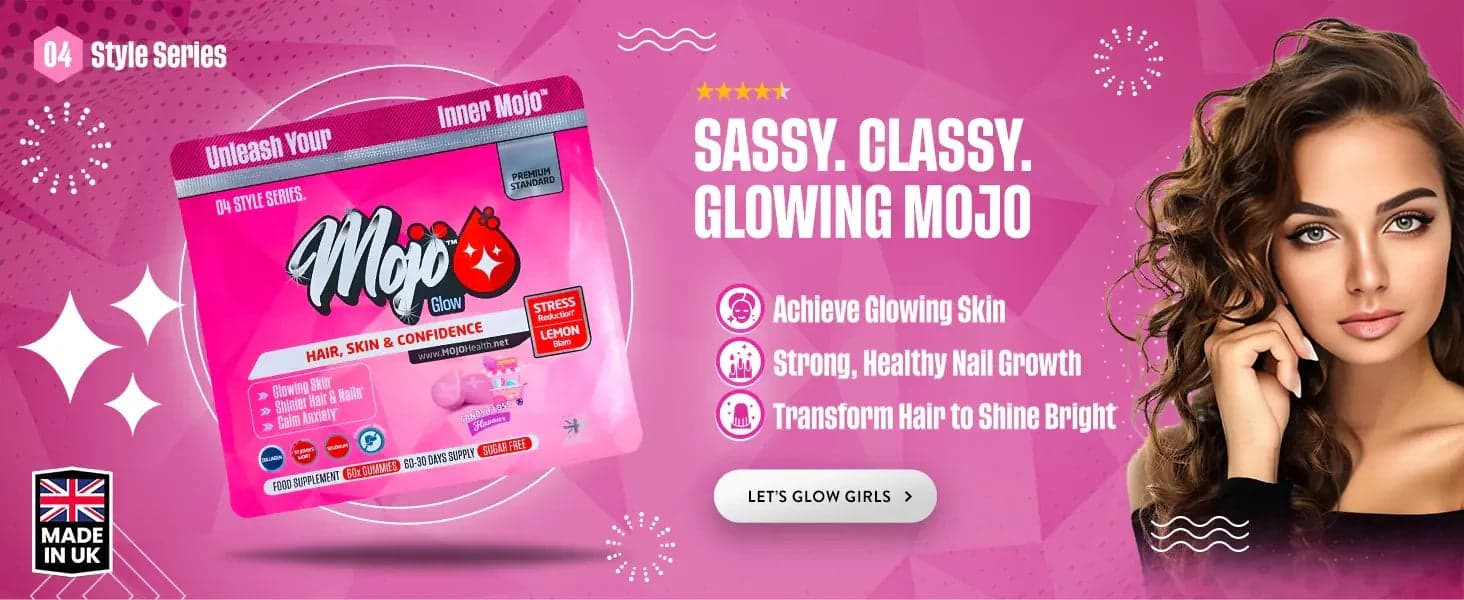 Mojo Glow haarglans, huid en zelfvertrouwen — stoer, stijlvol, gloeiende Mojo: bereik stralende huid, sterke gezonde nageltgroei, transformeer haar om helder te schijnen. Laten we stralen meisjes.